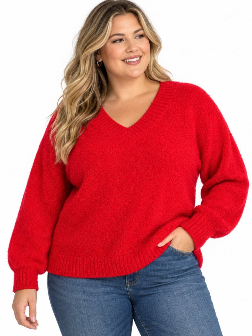 Aerie Red Sweater Y2K Size L Oversized V Neck Fuzzy Cozy Knit Pullover